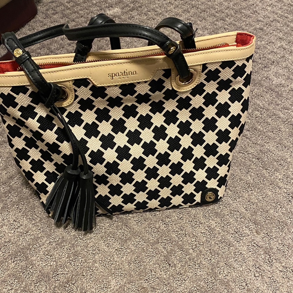 Spartina Black & Cream Geometric Tote Bag with Red Interior